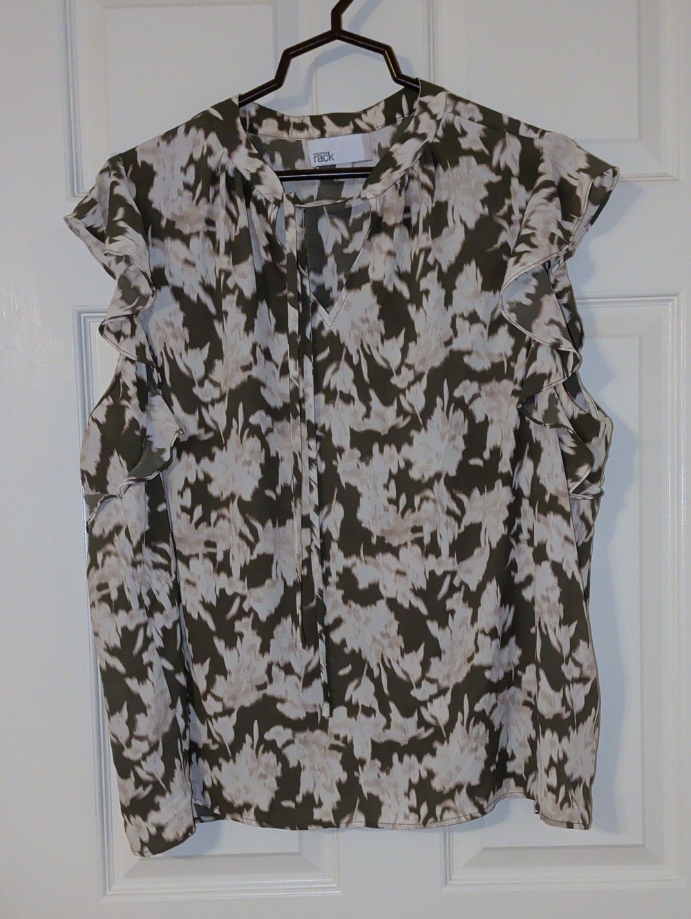 Nordstrom Rack White and Olive Floral Ruffle Sleeve Blouse